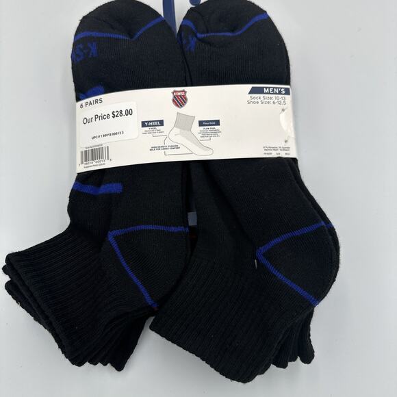 K-Swiss Ankle Socks 6 Pair Mens Size 10-13 Black 1/2 Cushion Flow Cool Y-Heel - Picture 2 of 8